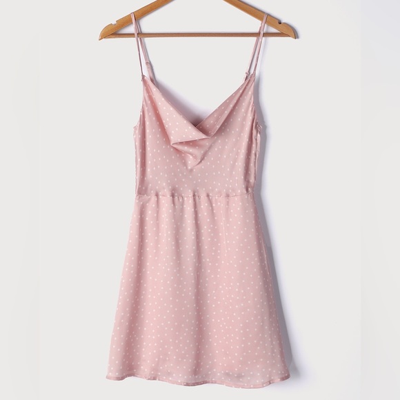 Lulus NWT Spot in My Heart Pink Polka Dot Satin Cowl Neck Mini Dress Size Large - Picture 2 of 13